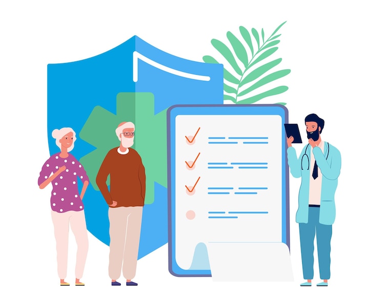 Vector health insurance for seniors. medical service, elderly people exam in hospital. doctor for old person vector illustration. medical insurance senior people, health care buisness