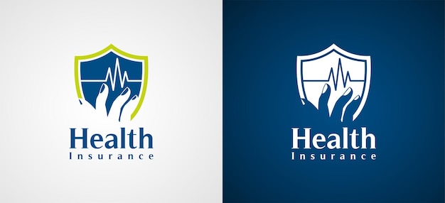 ハートビートベクトルシンボルを含む健康保険シールドロゴのデザイン