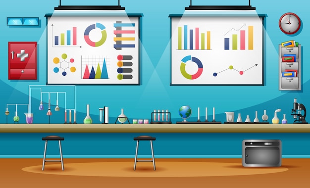 Health laboratory room with table full of instruments