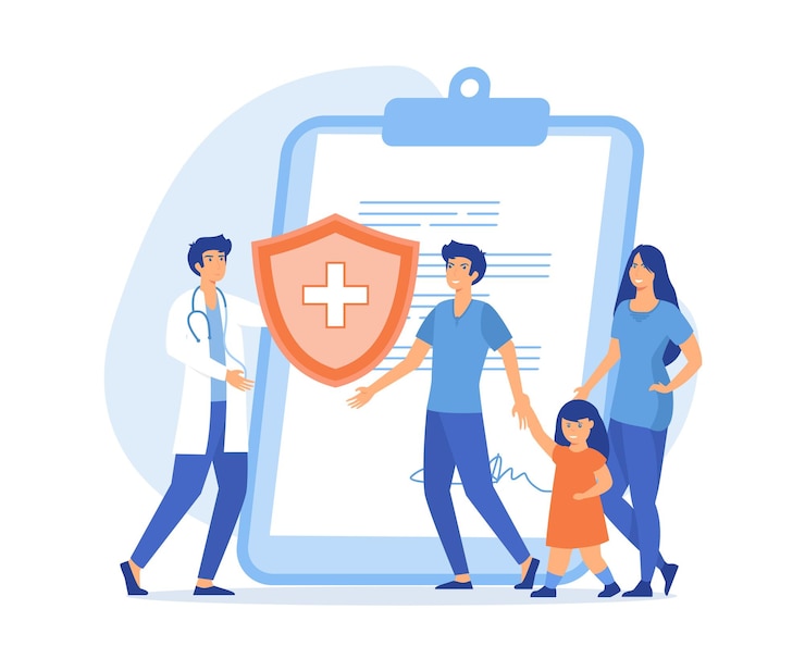 Vector health and life insurance concept doctor and patients in hospital filling health and life insurance policy contract flat vector modern illustration