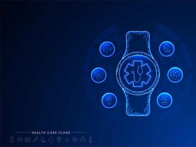 스마트 시계 건강 아이콘 네온 조명 및 블록 체인 요소 의료 및 기술 개념으로 건강 모니터링 개념