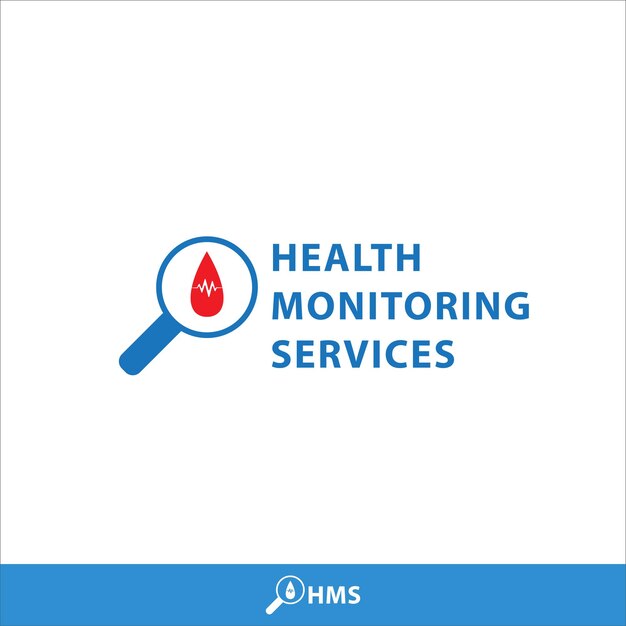 Health monitoring services logo design template Magnifying glass and Blood drop shape with pulse vector illustration isolated on white background Bright blue and red color theme 512