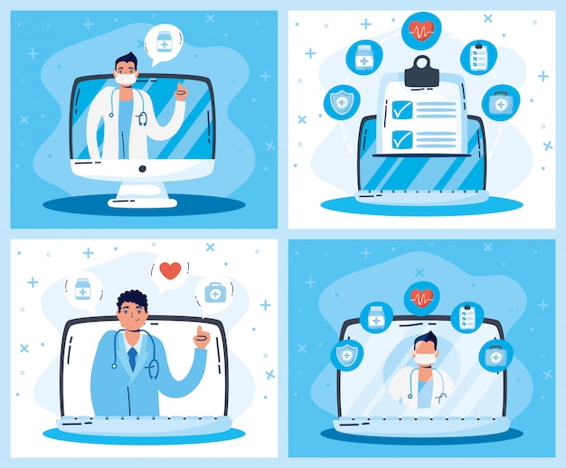 Вектор Здоровье онлайн-технологий с гаджетами и врачами
