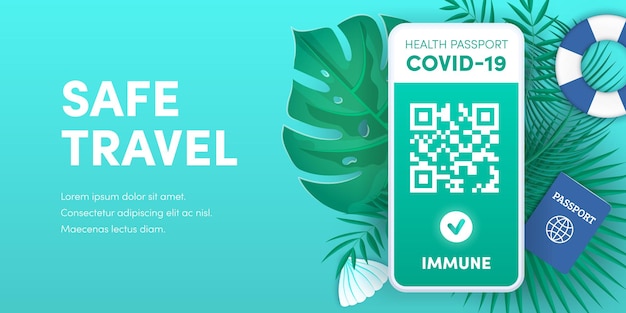 안전한 여행을 위한 헬스패스 앱. 스마트폰 화면 벡터 배너에 전자 코비드-19 면역 여권 QR 코드. 예방 접종 또는 음성 코로나바이러스는 휴대전화에서 녹색 유효 인증서를 테스트합니다.
