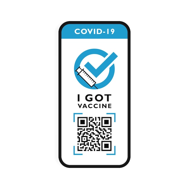 旅行と管理のための健康パスポートモバイルアプリ ワクチン接種済み電子Covid19パスポート スマートフォン画面にQRコード付き 陰性コロナウイルス検査有効証明書 ベクターイラスト