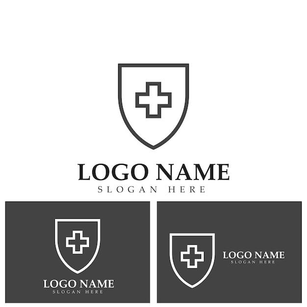 Охрана здоровья с векторным шаблоном логотипа щита для медицинской или страховой компании