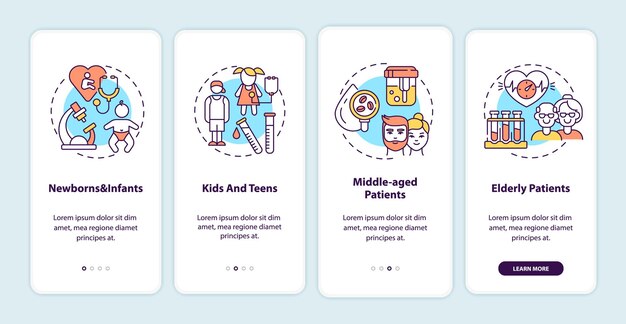 Health screening age groups onboarding mobile app page screen with concepts illustrations