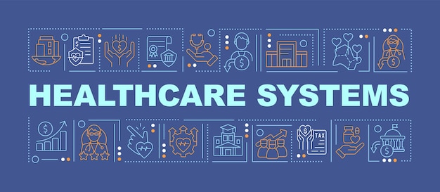Health systems word concepts dark blue banner