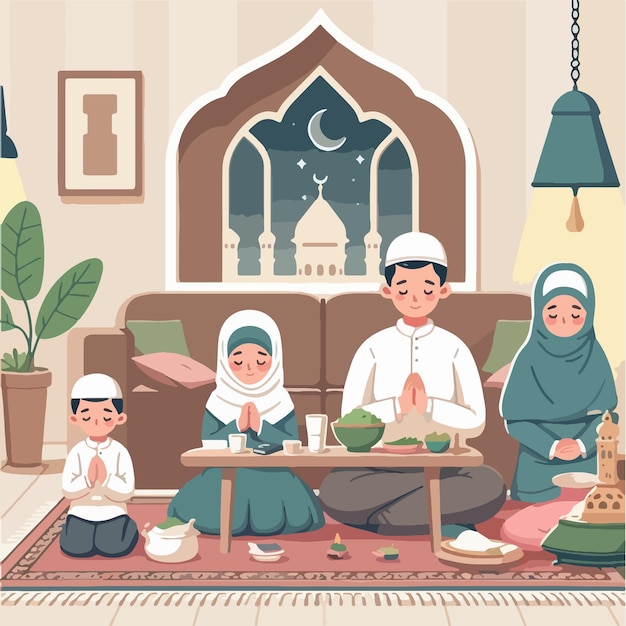 Vector health and wellness in ramadan family blessing pray