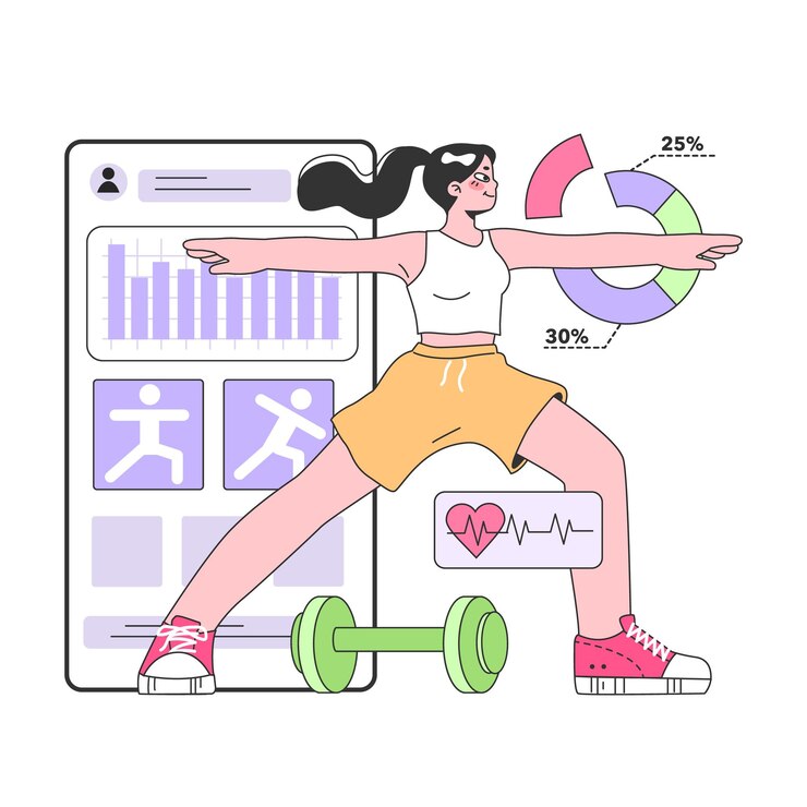 Vector health and wellness tracker application young female character using digital device to monitor body