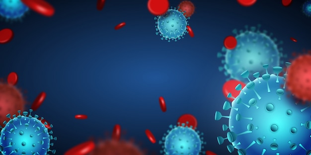 Vettore sfondo di assistenza sanitaria con virus offuscata e molecole di sangue su sfondo blu. banner coronavirus o covid-19 con spazio vuoto per il testo. disegno dell'illustrazione