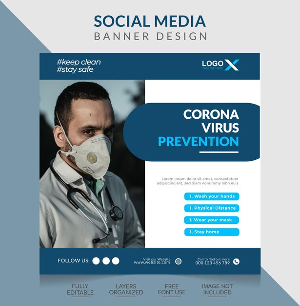 Vector healthcare banner with virus prevention social media post design