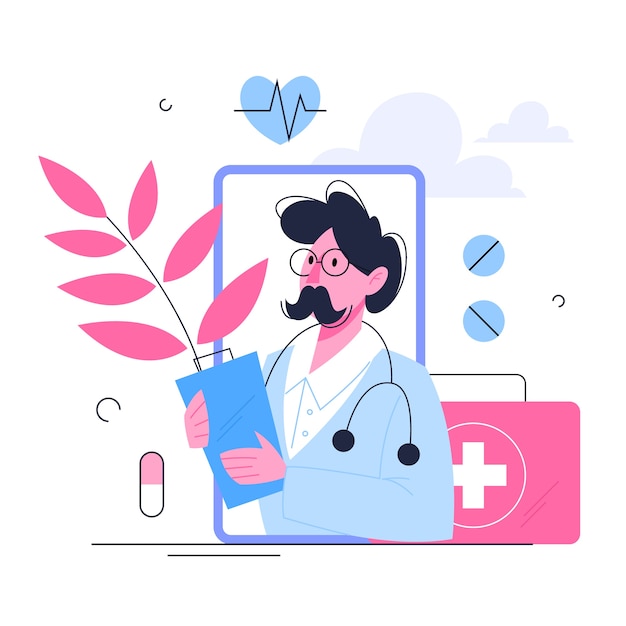 Healthcare concept, idea of doctor caring about patient health.\
medical treatment and recovery. illustration