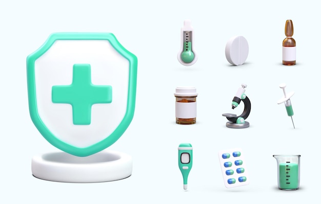 Healthcare concept Set of different medical equipment in realistic 3d style