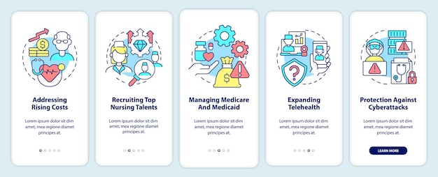 healthcare difficulties onboarding mobile app screen rising costs walkthrough 5 steps graphic instructions pages with linear concepts ui ux gui template myriad probold regular fonts used
