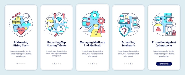 Healthcare difficulties onboarding mobile app screen Rising costs walkthrough 5 steps graphic instructions pages with linear concepts UI UX GUI template Myriad ProBold Regular fonts used