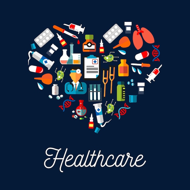 Vector healthcare equipment icons shaped as heart