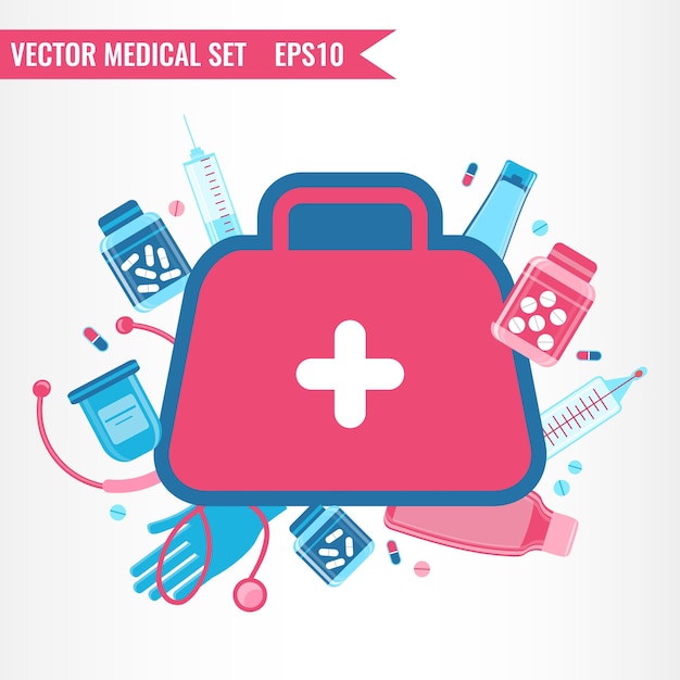 Vector healthcare equipment medical bag with tools modern vector illustration concept