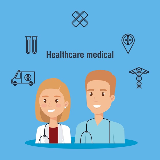 healthcare icons and medical staff characters