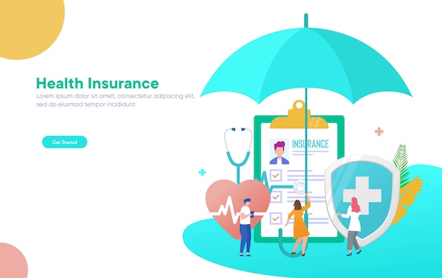 Vector healthcare insurance vector illustration concept, people with doctor fill health form insurance