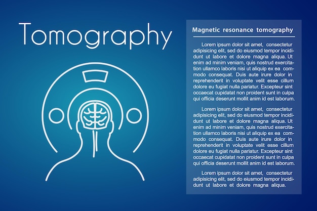 青い背景の上のヘルスケア線形医療断層撮影アイコン。断層撮影で脳のシンボルを持つ男のベクトルイラスト。頭痛、癌または脳疾患の医学または治療のための設計