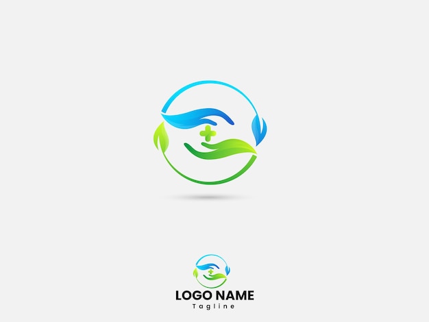 Healthcare logo design with hand and leaf