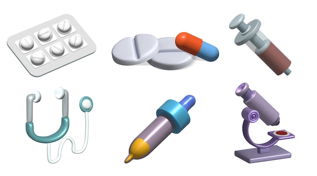 Healthcare and medical 3d icon set with drugs tablet pack capsule syringe pipette stethoscope 3d illustration