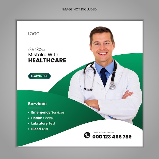 Здравоохранение и медицинский баннер или квадратный флаер с темой врача для шаблона сообщения в социальных сетях