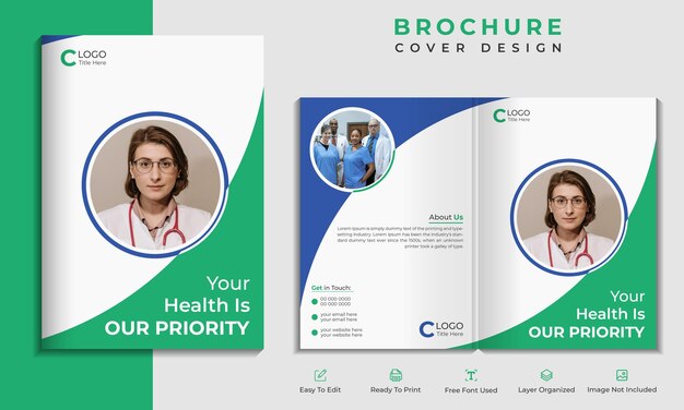 Vettore design della copertina dell'opuscolo aziendale bifold medico sanitario o layout del modello del profilo aziendale