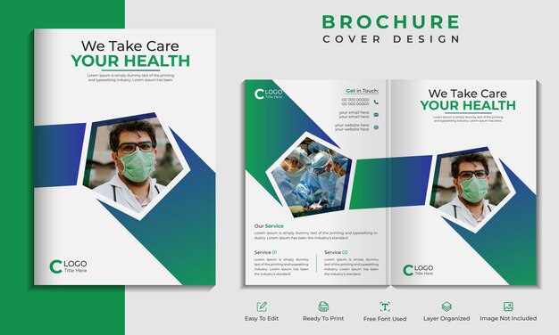ベクトル ヘルスケア医療二つ折りビジネス パンフレット カバー デザインまたは会社プロファイル テンプレート レイアウト