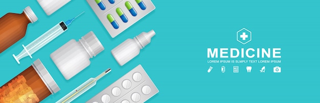 Vector healthcare and medical bottles set banner templaet