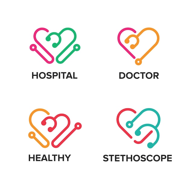 聴診器と心臓の組み合わせの形の概念を持つヘルスケア医療ビジネスのロゴ