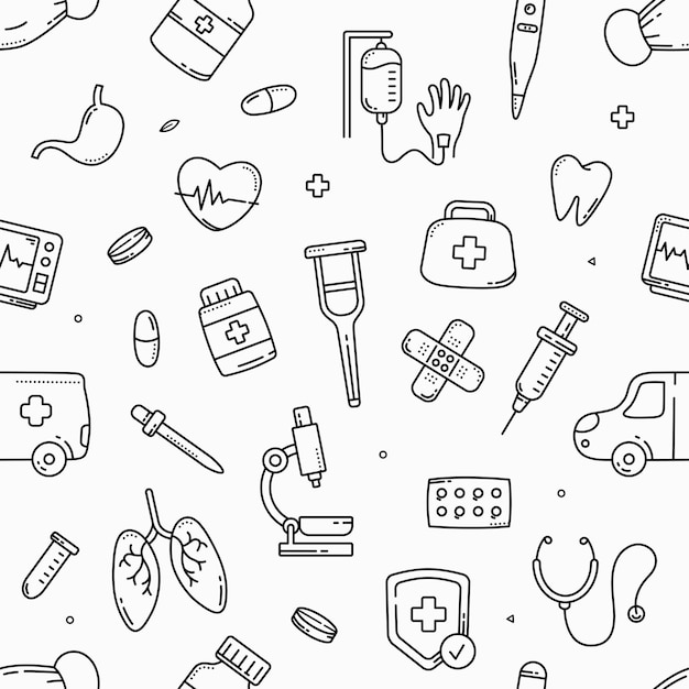 Sanità e attrezzature mediche doodle disegnato a mano senza cuciture