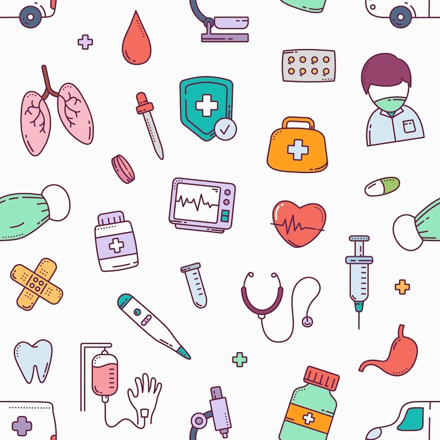 Vettore sanità e attrezzature mediche doodle disegnato a mano senza cuciture