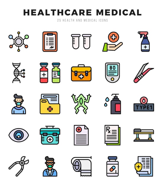 HEALTHCARE MEDICAL Icons bundle Lineal Color style Icons Vector illustration