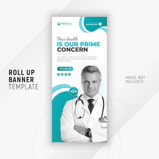 Healthcare and medical rollup or standee banner template design for promotion with white background