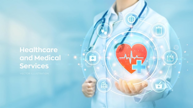 healthcare medical services doctor holding in hand red heart shape and medical icon network connection on virtual screen health care medicine technology network concept vector illustration