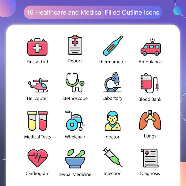 Set di icone di contorno riempito vettore medico sanitario 01