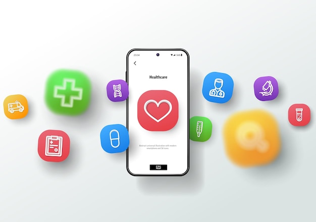 Healthcare medicine business health care online doctor and medical support concept 3d icons flying over smartphone