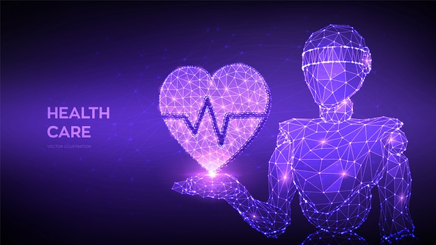 Vector healthcare, medicine and cardiology concept. abstract 3d low polygonal robot holding heart icon with heartbeat line in hand.