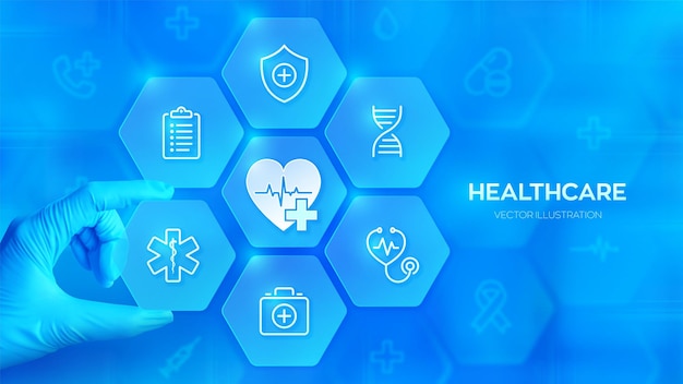 Healthcare medicine health care technology concept health insurance hand in blue glove places an element into a composition with medical icons visualizing medical services vector illustration