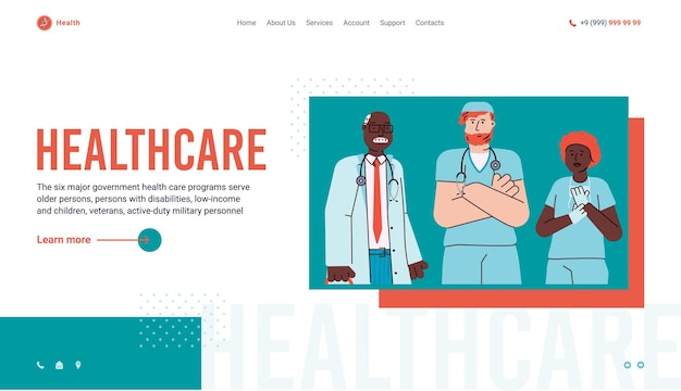 Sito web di assistenza sanitaria e medicina con l'illustrazione vettoriale dei cartoni animati del personale ospedaliero