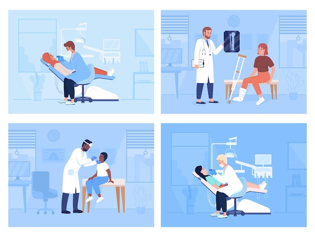 Healthcare service and patient examination flat color vector illustrations set
