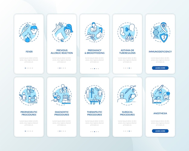 Healthcare services onboarding mobile app page screen with concepts set