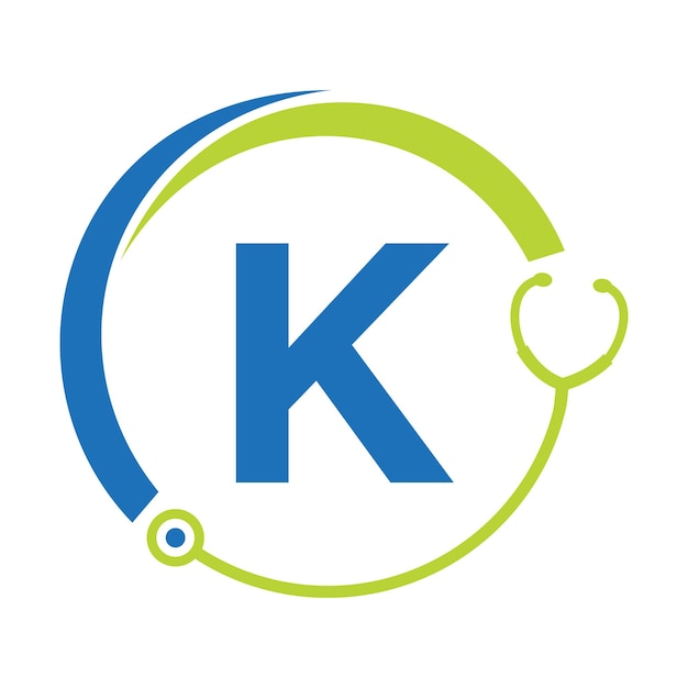 Simbolo sanitario medico e logo medico sul modello di lettera k logo medici con segno stetoscopio