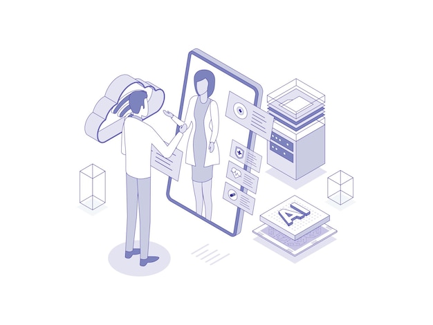 Vector healthcare virtual assistants aiding patients and medical professionals with information and support artificial intelligence in healthcare lineal isometric illustration