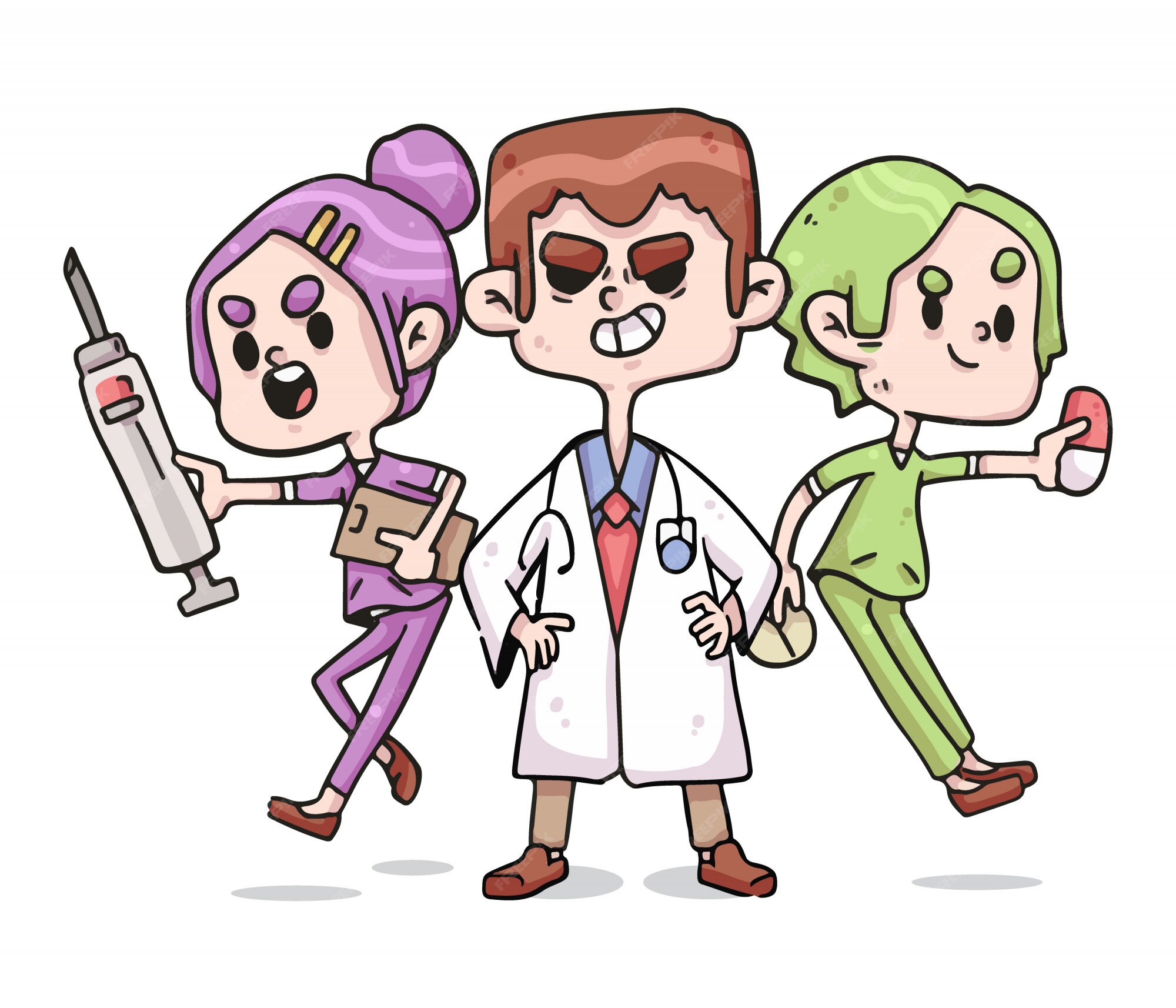 医療従事者の看護師と医師コロナウイルスかわいいイラスト プレミアムベクター