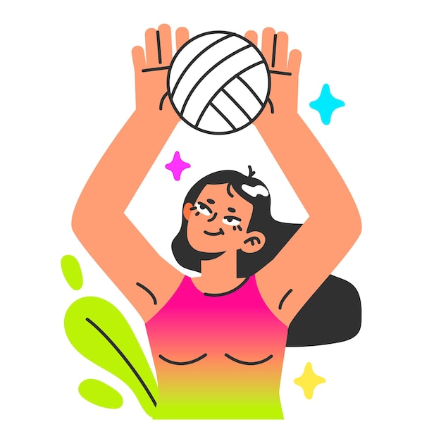 Stile di vita sano e attivo in vacanza personaggio femminile che gioca a beach volley