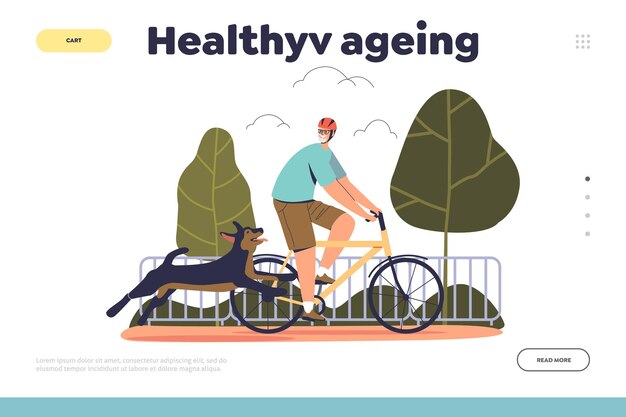 Vector healthy aging concept of landing page with senior man walk dog while riding bicycle