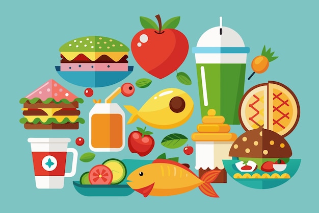 healthy and bad tooth good and bad food fish vegetables fruits milk or hot dog hamburger candy cakes soda and coffee vector illustration